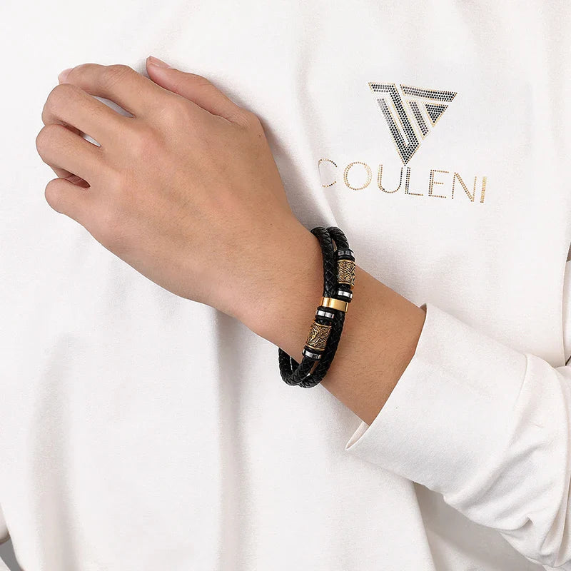 Czarna skórzana bransoletka Mitologia Wikingów złota 1