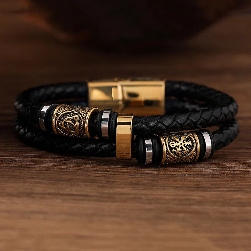 Bracelet Noir En Cuir Mythologie Viking or34