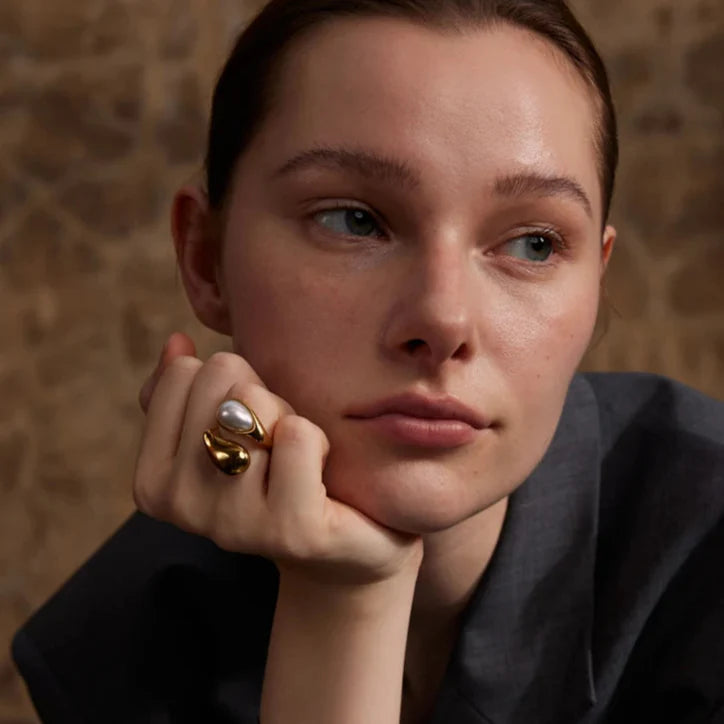 Pierścionek Obrączka Kropla Wody Biała Perła złoto