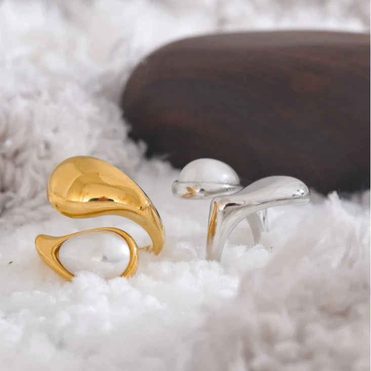 Pierścionek Obrączka Kropla Wody Biała Perła złoto