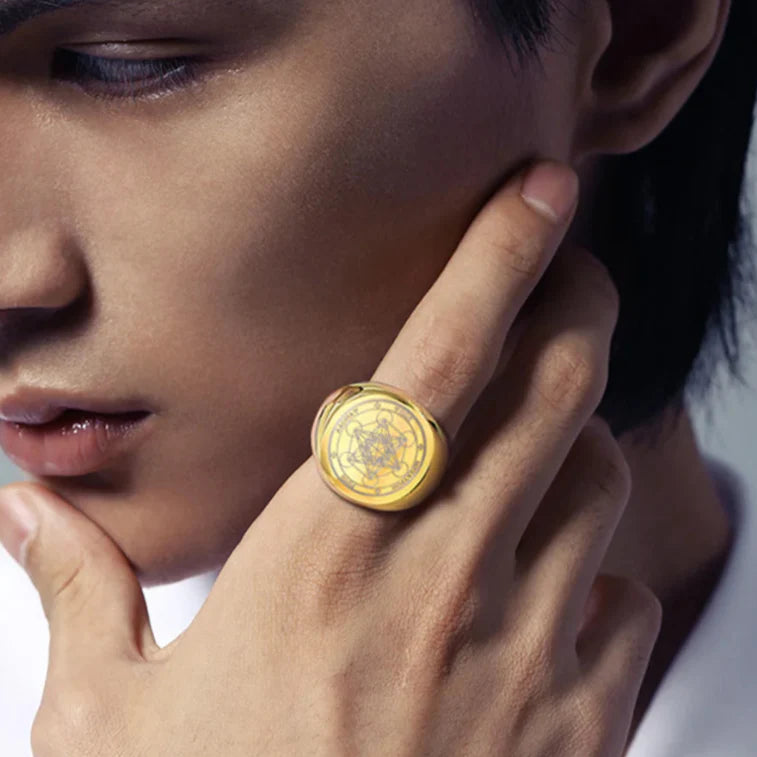 Pierścionek Obrączka Czarne Kostki Metatron złoty