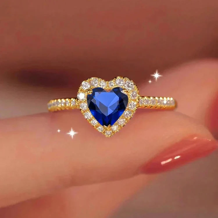 Bague avec Coeur et Zircon bleu et or