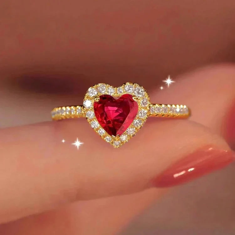 Bague avec Coeur et Zircon rouge et or