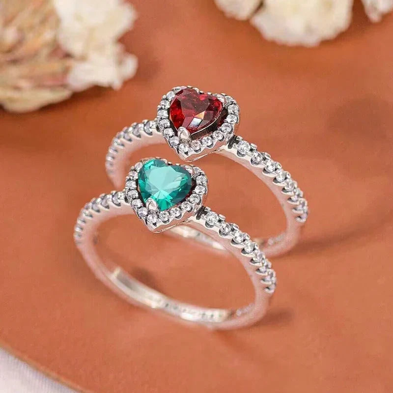 Bague avec Coeur et Zircon vert et argent