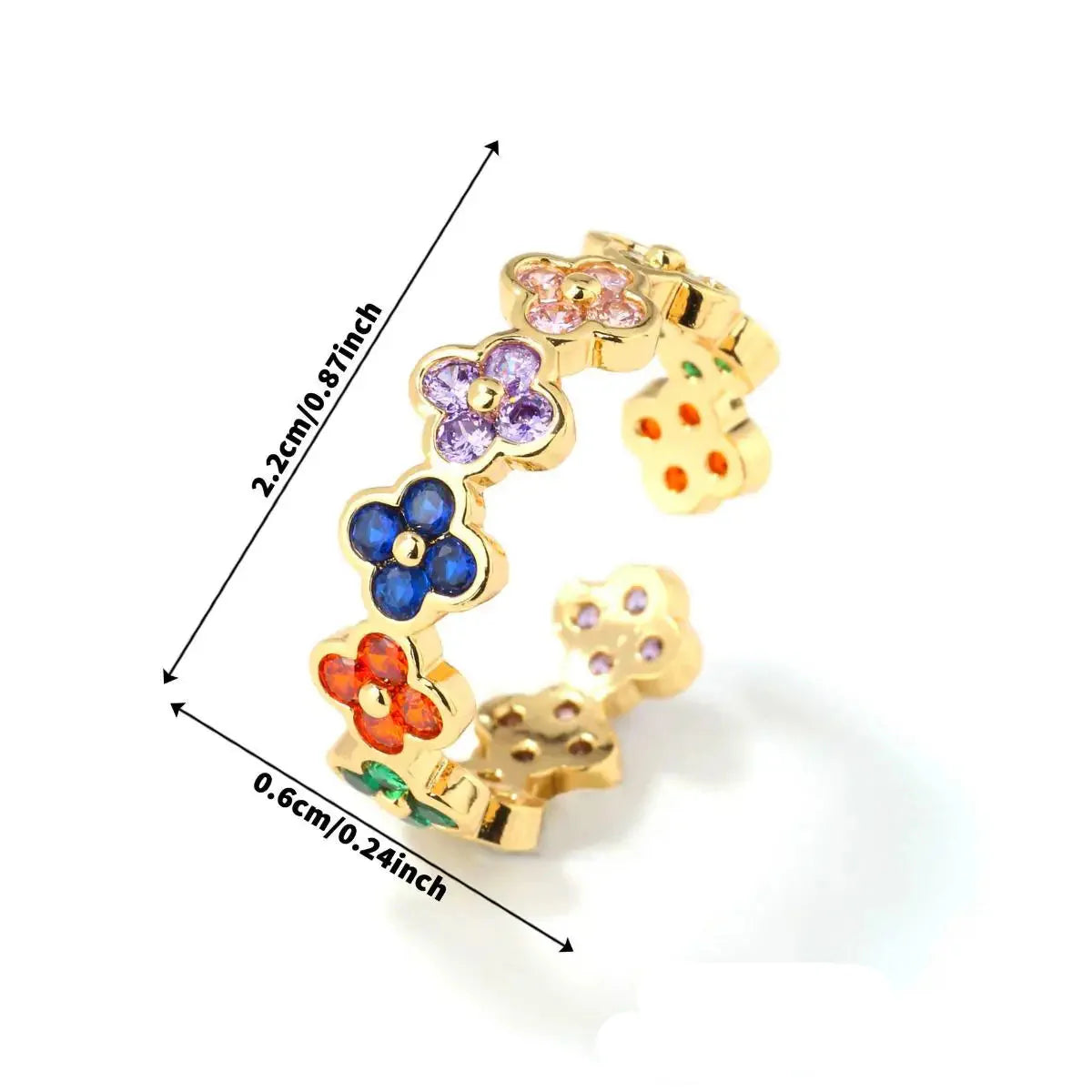 Pierścionek z kolorowymi czterolistnymi koniczynami z cyrkonii