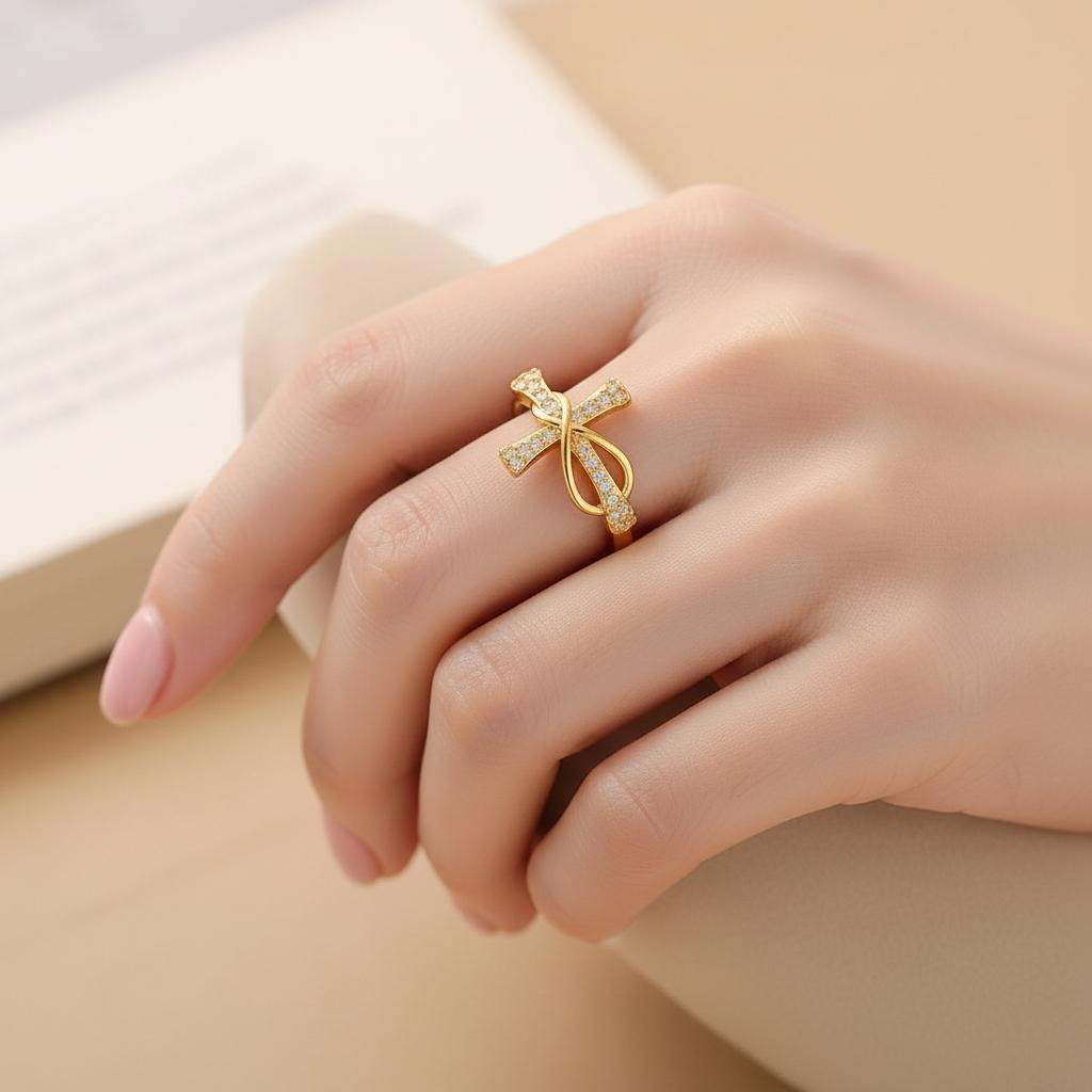 Pierścionek z krzyżem chrześcijańskim z cyrkoniami dla kobiet 