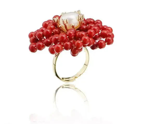 Bague en Forme de Fleur de Corail et Perles