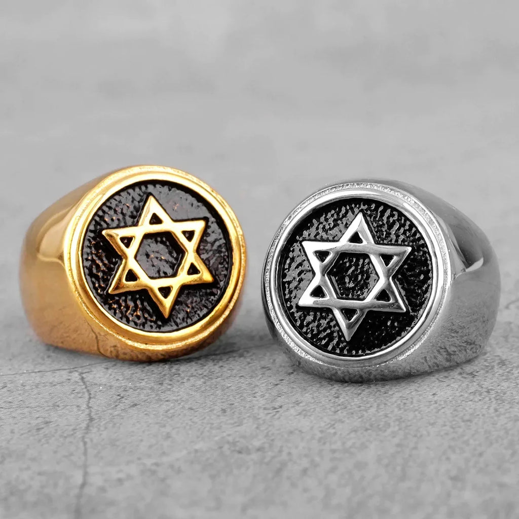 Grawerowany pierścionek z Gwiazdą Dawida, symbolem judaizmu, srebrny