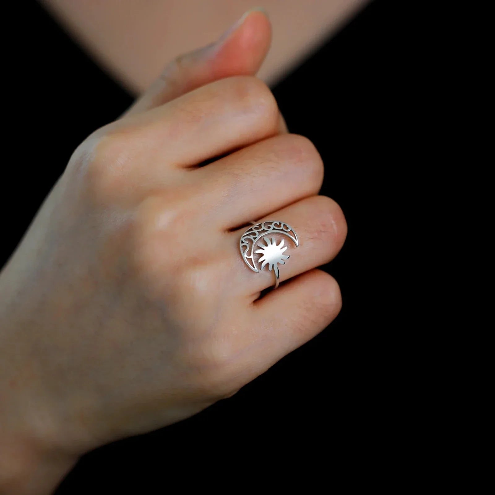 Pierścionek Księżyc i Słońce srebrny