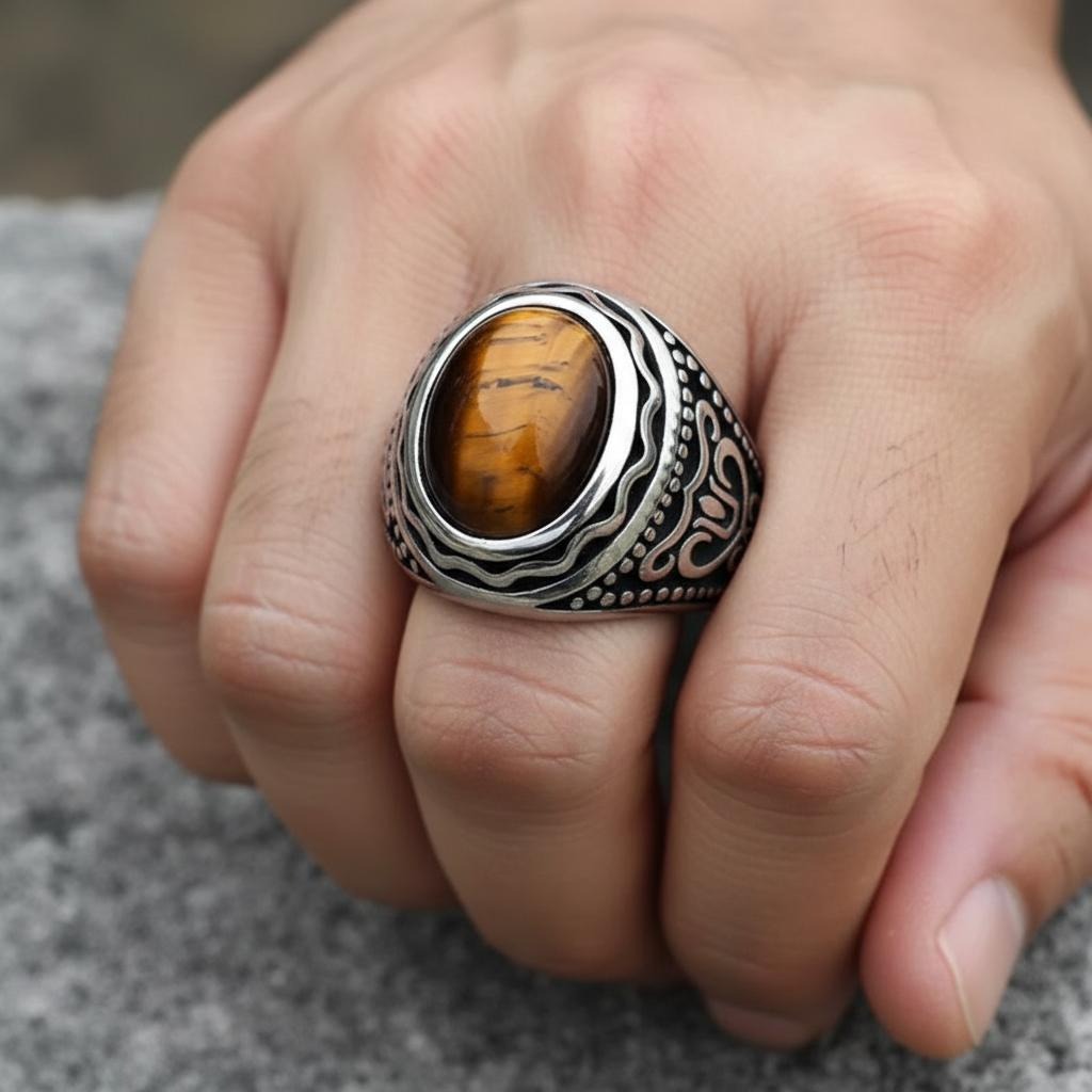 Bague Oeil de Tigre Homme Décorée