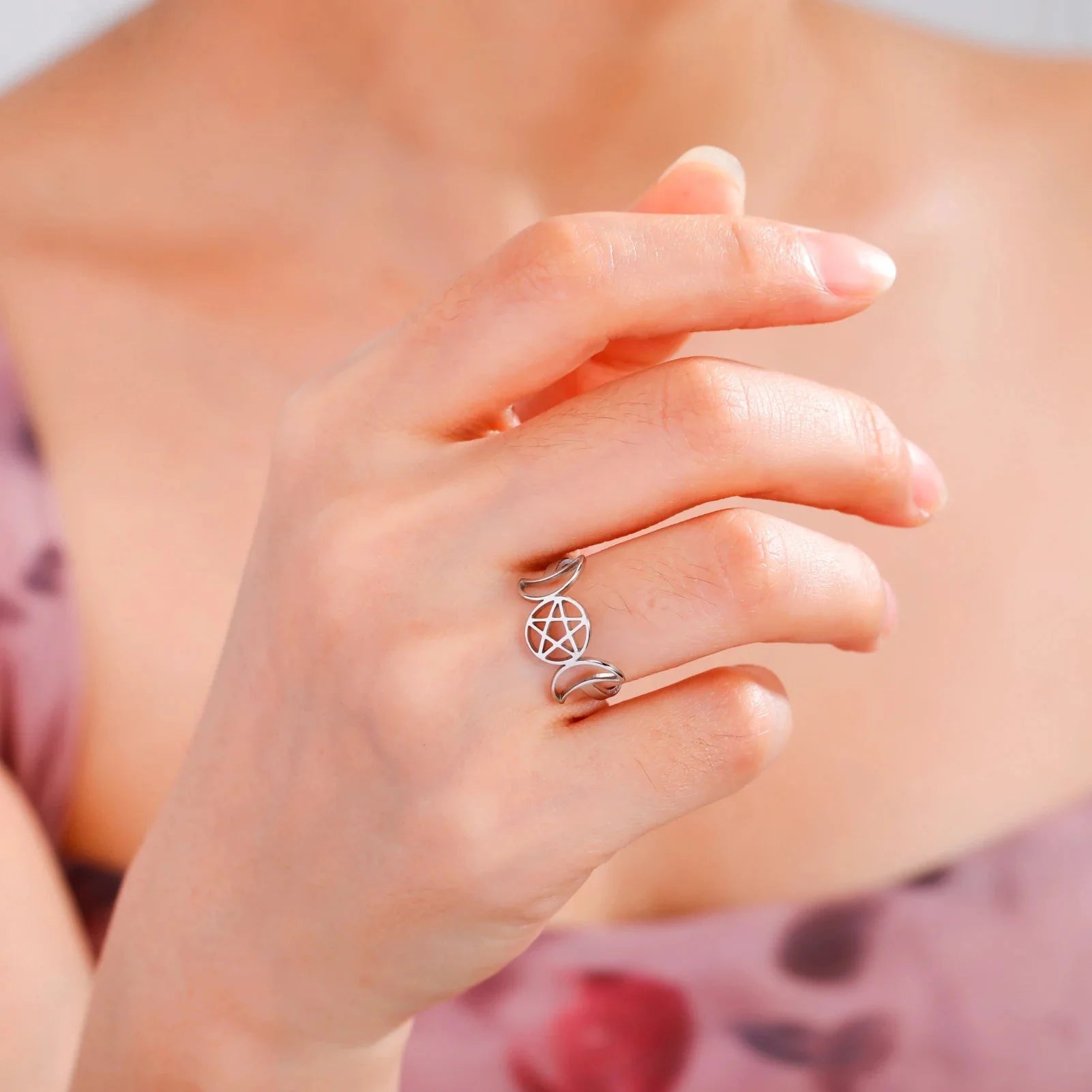 Pierścionek Potrójny Księżyc Cienka Czarodziejka Kobieta Wicca srebro A