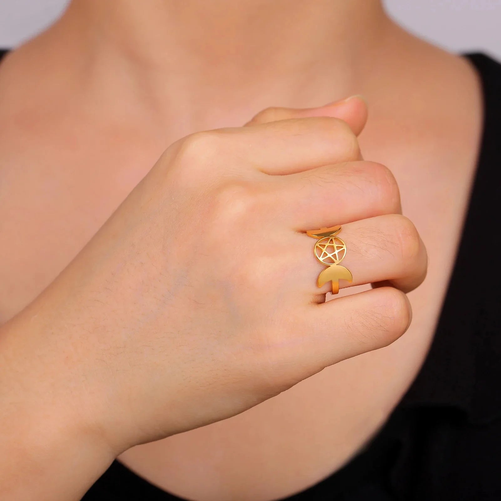 Pierścionek Potrójny Księżyc Cienka Czarodziejka Kobieta Wicca złoto A