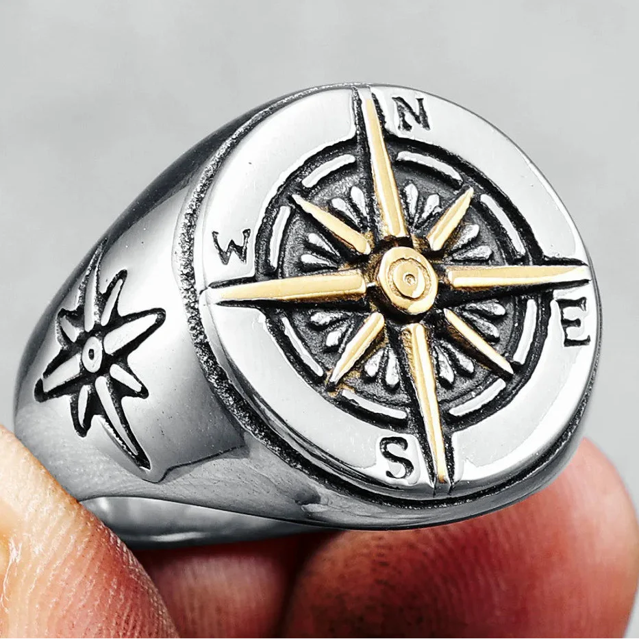 Pierścionek Vintage Kompas Róża Wiatrów dla Mężczyzny srebrno-złoty