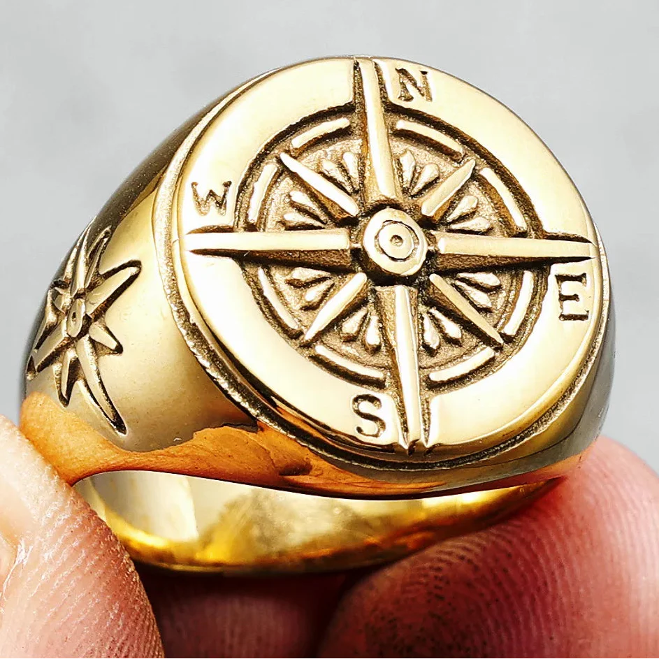 Pierścionek Vintage Kompas Róża Wiatrów dla Mężczyzny złoty