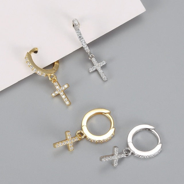 Boucles d'Oreilles avec Croix Or & Argent
