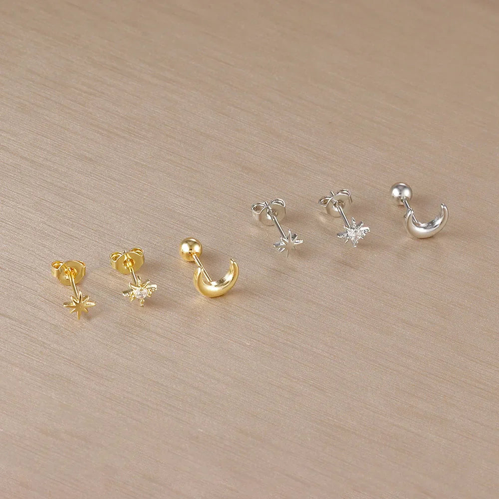 Boucles d'Oreilles Clou Croissant de Lune et Etoiles argent