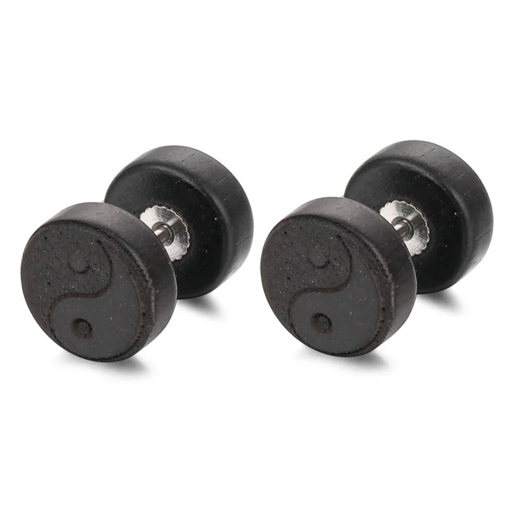 Kolczyki wkrętki z drewna Yin Yang czarne