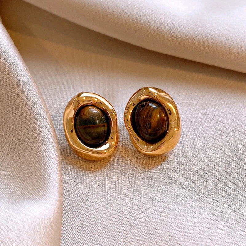 Boucles d'Oreilles Clous Ovales Oeil de Tigre