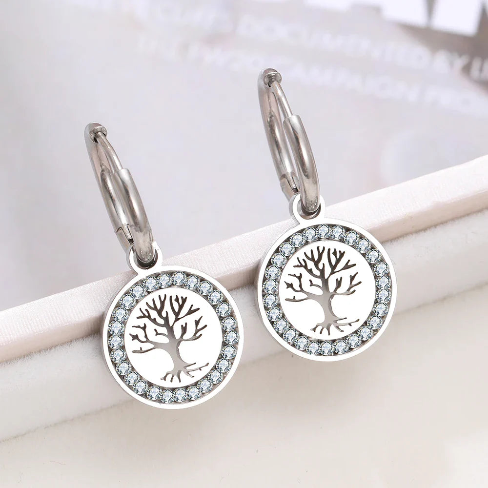 Boucles d'Oreilles Créoles Pendantes Arbre de Vie argent