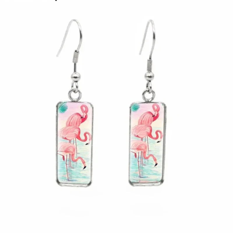 Boucles d'Oreilles Flamants Roses Pendantes Rose Et Bleu