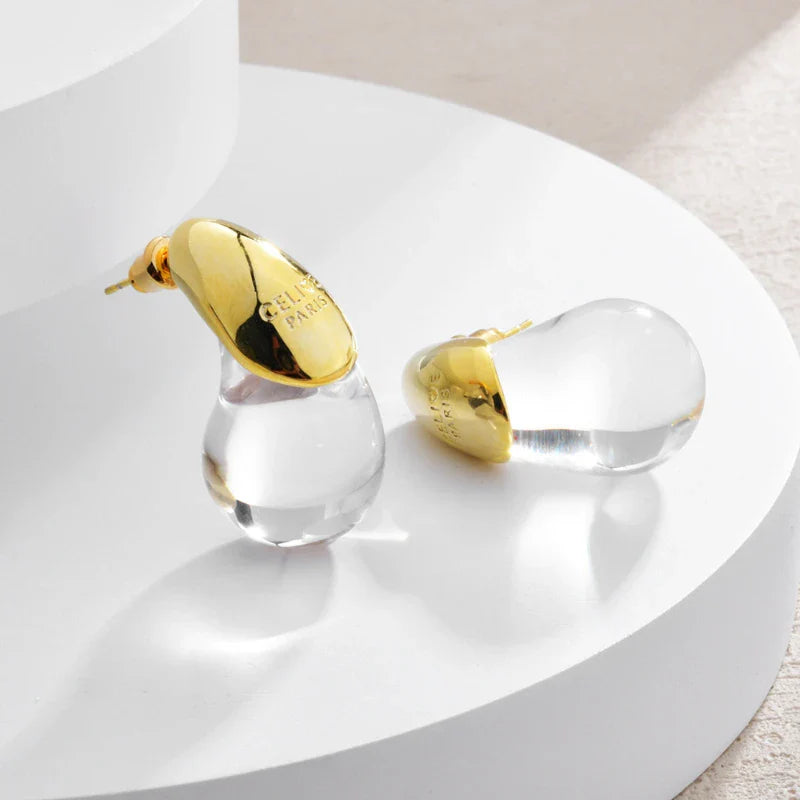 Kolczyki wkrętki z przezroczystą kroplą wody, złote