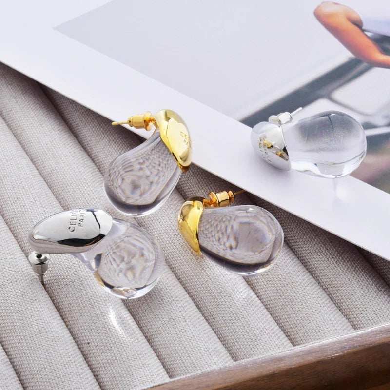 Kolczyki wkrętki z przezroczystą kroplą wody, złote