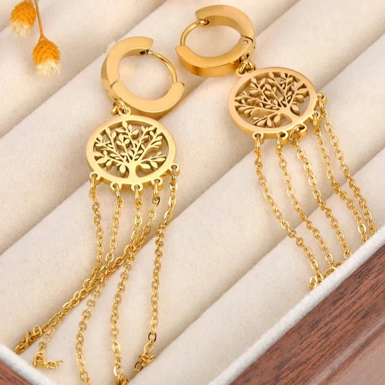 Boucles d'Oreilles Pendantes avec Arbre de Vie or