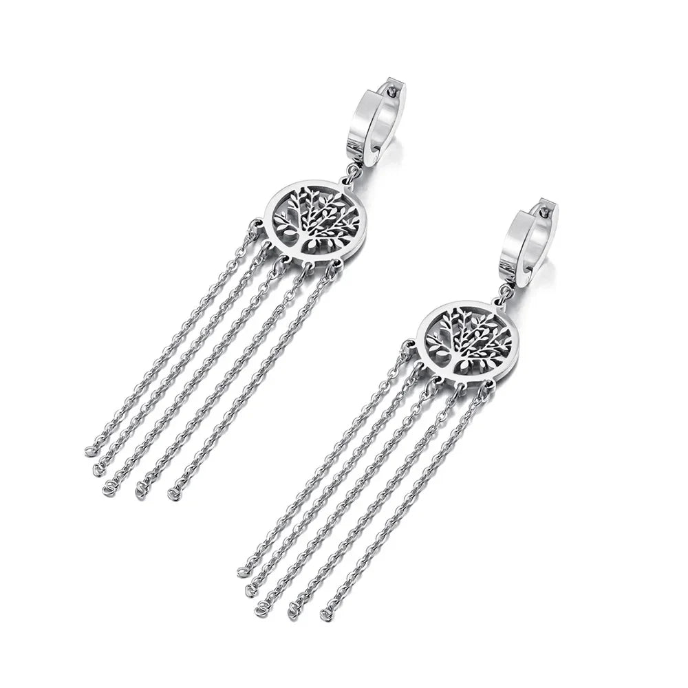 Boucles d'Oreilles Pendantes avec Arbre de Vie argent