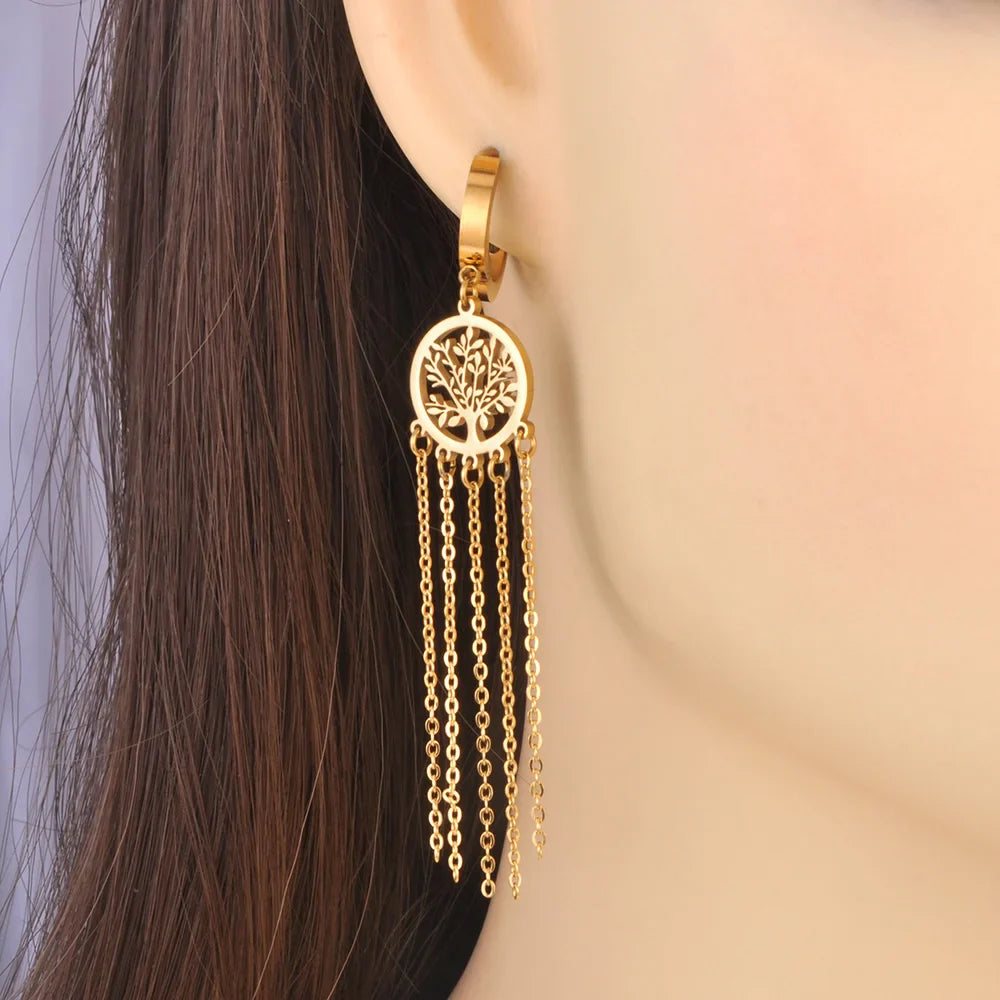 Boucles d'Oreilles Pendantes avec Arbre de Vie or