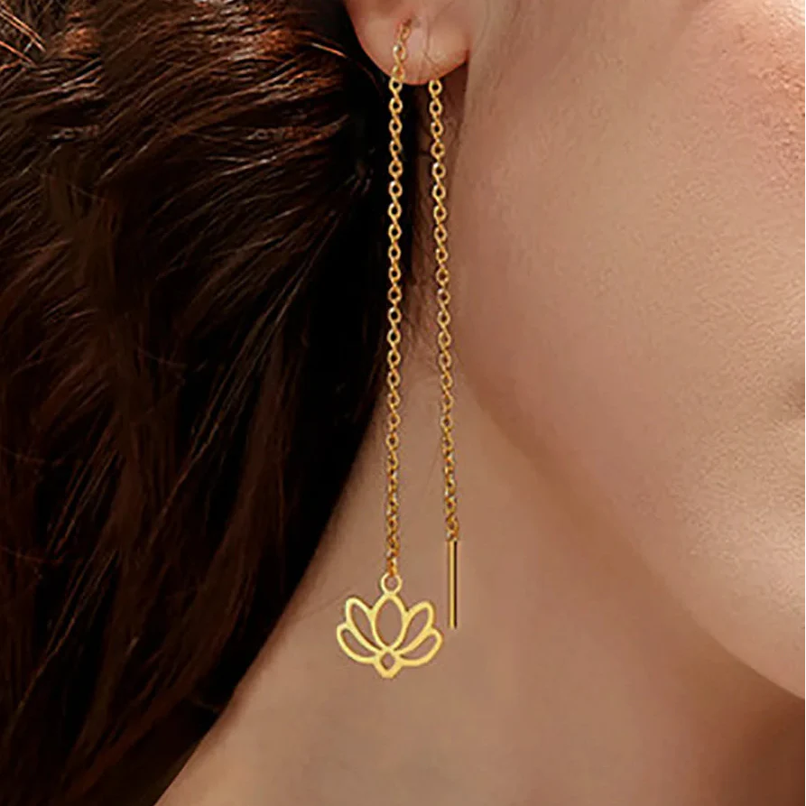 Boucles d'Oreilles Pendantes avec Fine Fleur de Lotus or