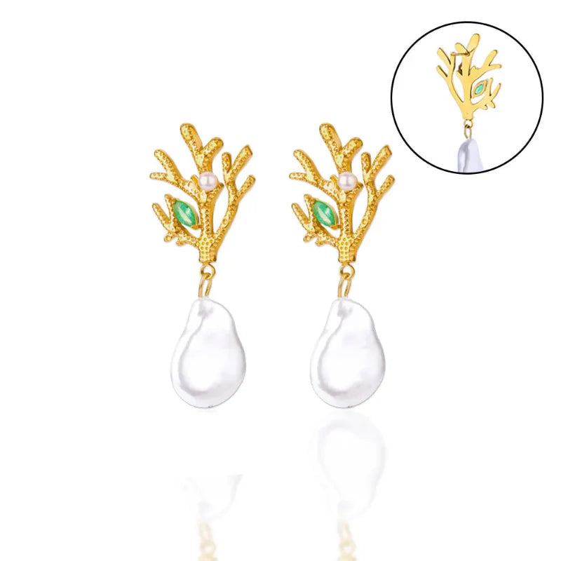 Kolczyki wiszące koralowe z perłą i zielonym cyrkoniem