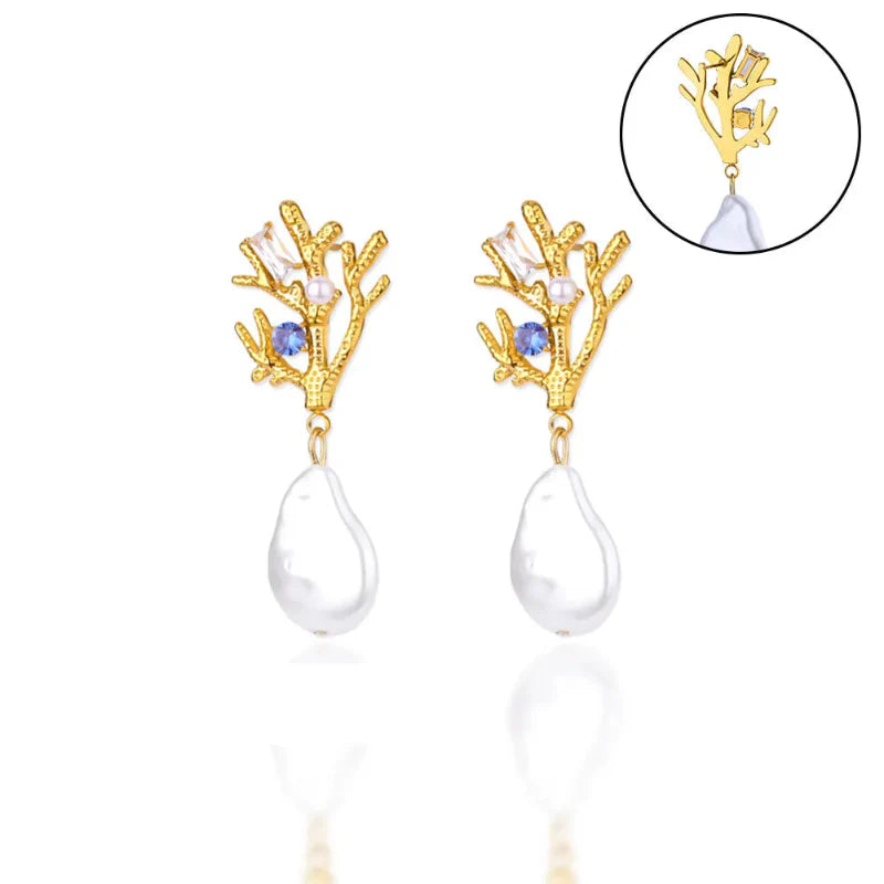 Boucles d'Oreilles Pendantes Corail avec Perle et Zircon bleu