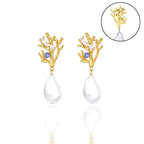 Kolczyki wiszące koralowe z perłą i niebieskim cyrkoniem