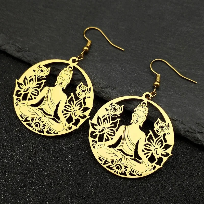 Boucles d'Oreilles Pendantes Bouddha et Fleur de Lotus or