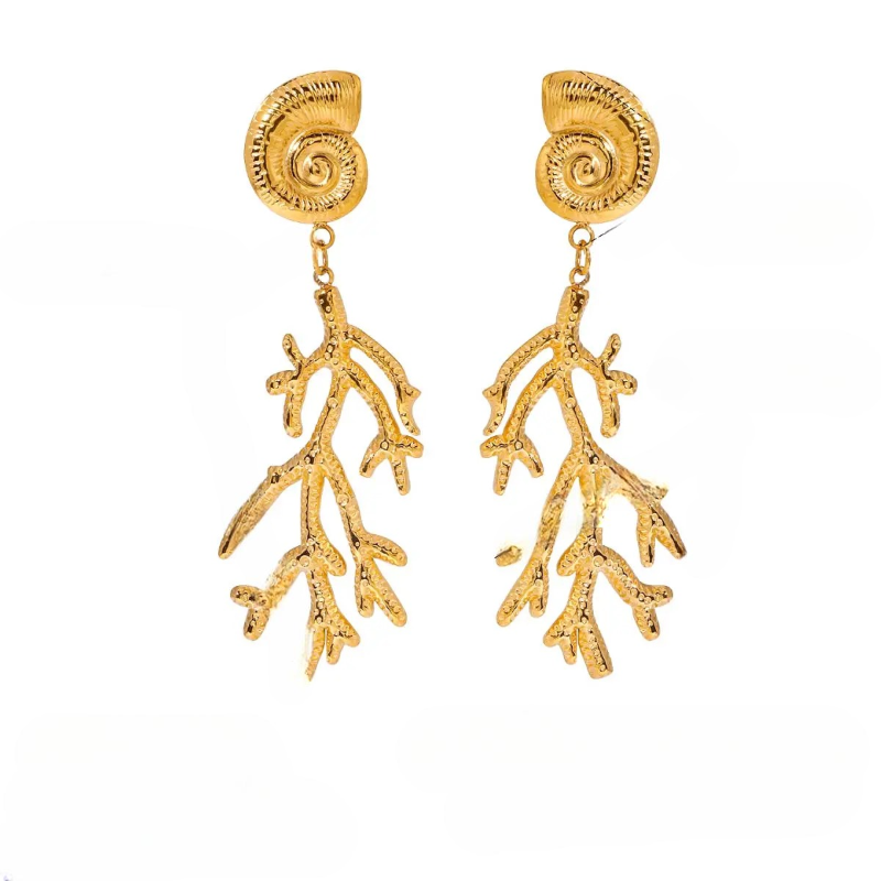Boucles d'Oreilles Pendantes Conque et Corail