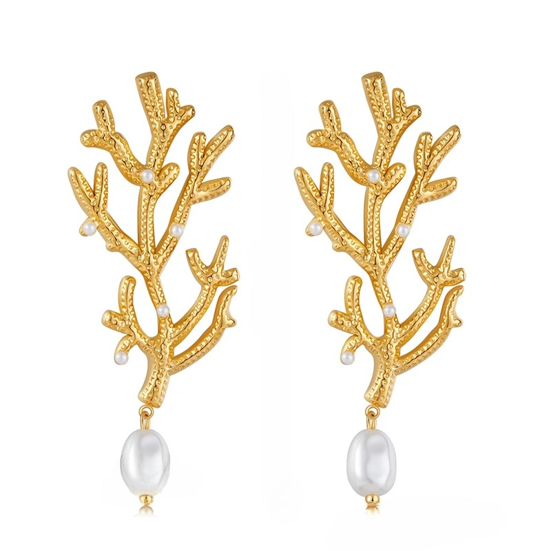 Kolczyki wiszące z koralem i białymi perłami