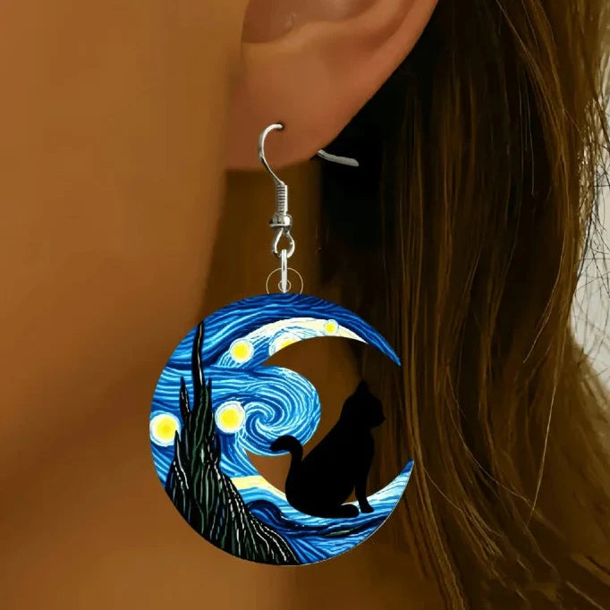 Boucles d'Oreilles Pendantes Croissant de Lune bleu et chat noir