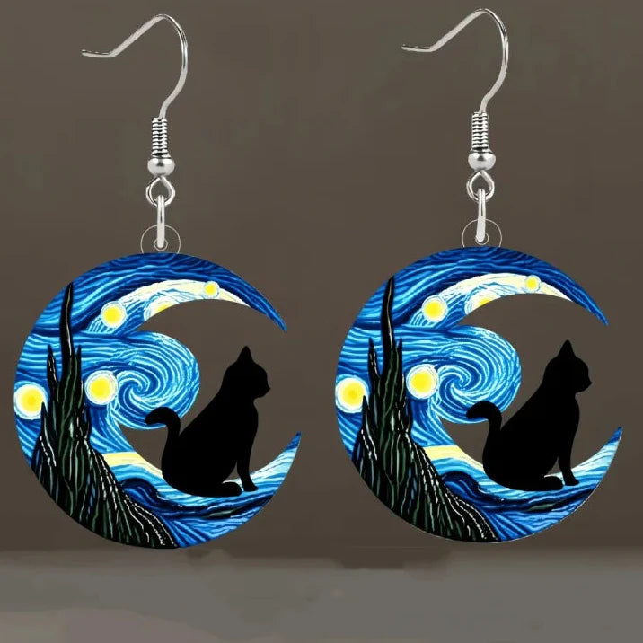 Boucles d'Oreilles Pendantes Croissant de Lune bleu et chat noir