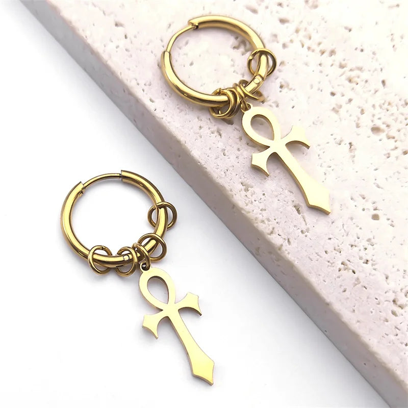 Boucles d'Oreilles Pendantes Croix d'Ankh pour Homme ou Femme or