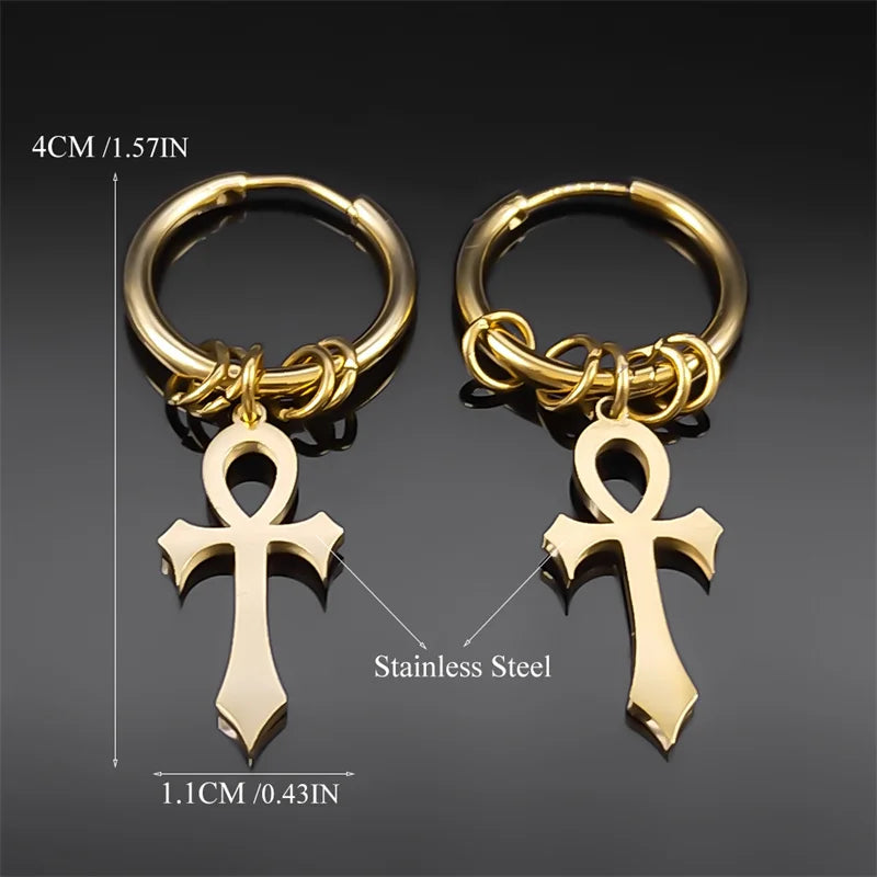 Boucles d'Oreilles Pendantes Croix d'Ankh pour Homme ou Femme