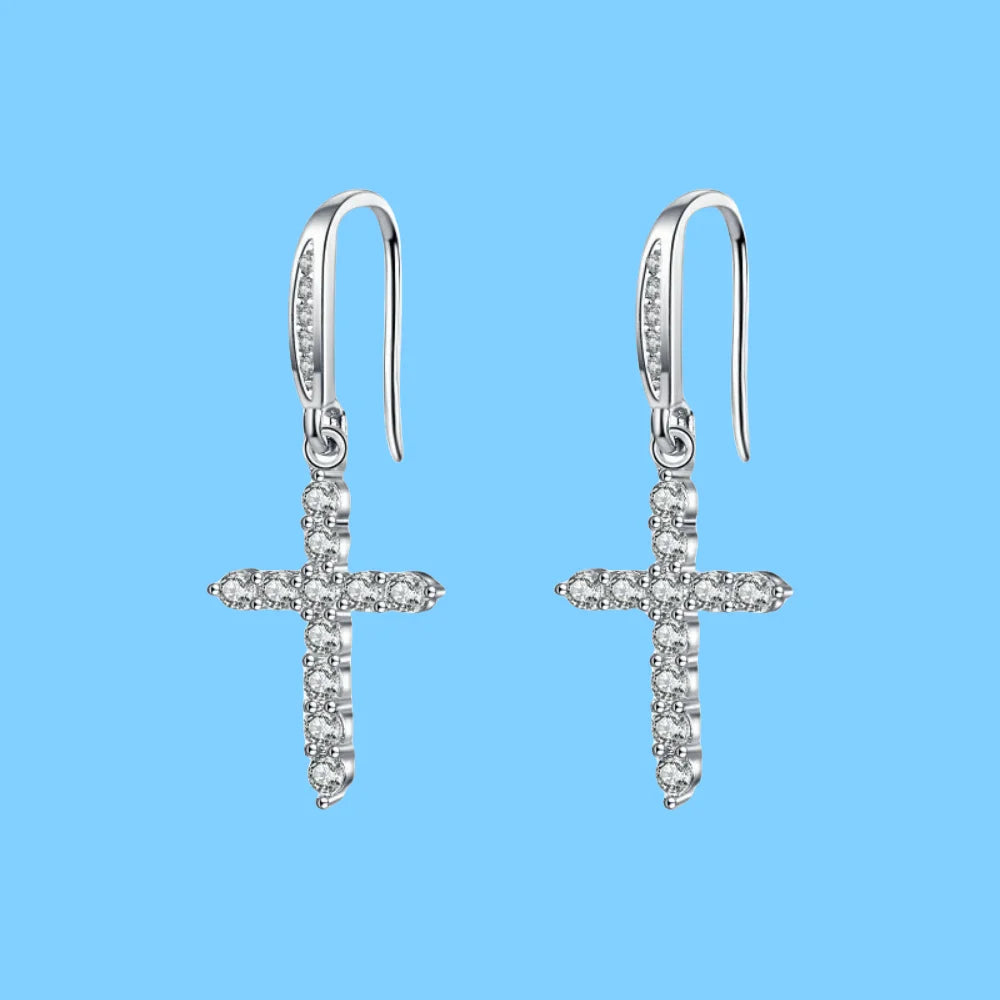 Boucles d'Oreilles Pendantes Croix en Zircon argent