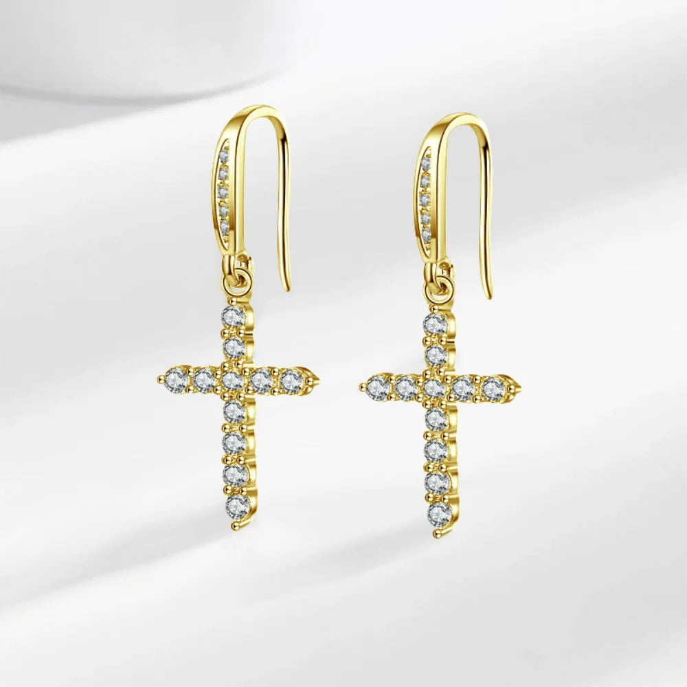 Boucles d'Oreilles Pendantes Croix en Zircon or