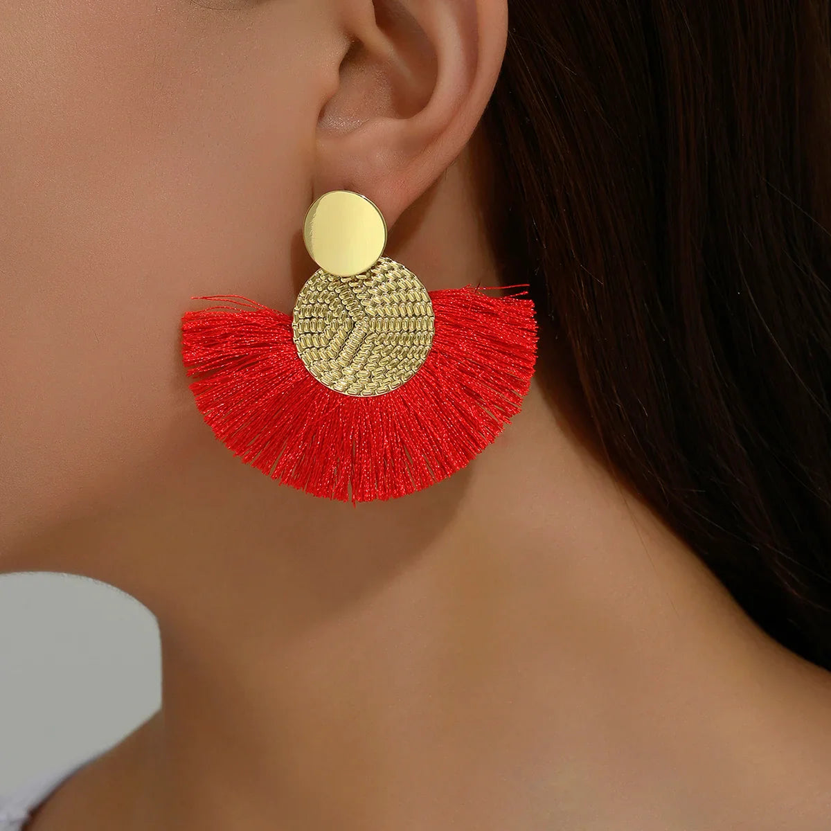 Boucles d'Oreilles Pendantes de Style Bohême en Eventail rouge