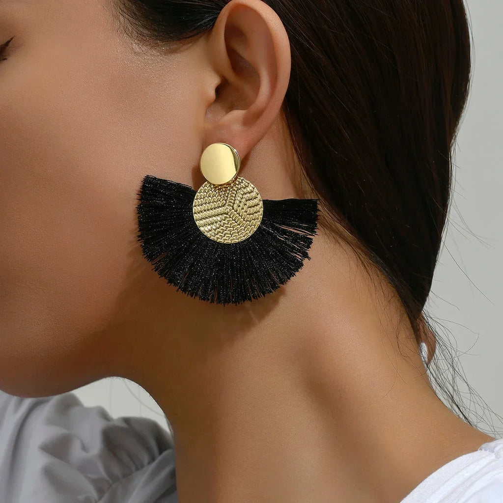 Boucles d'Oreilles Pendantes de Style Bohême en Eventail noir