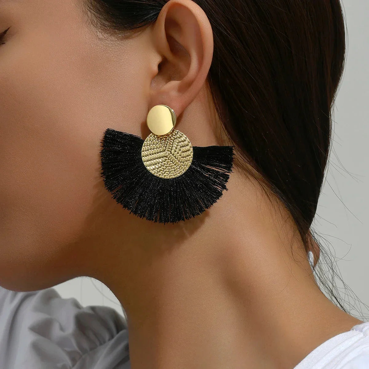 Boucles d'Oreilles Pendantes de Style Bohême en Eventail noir