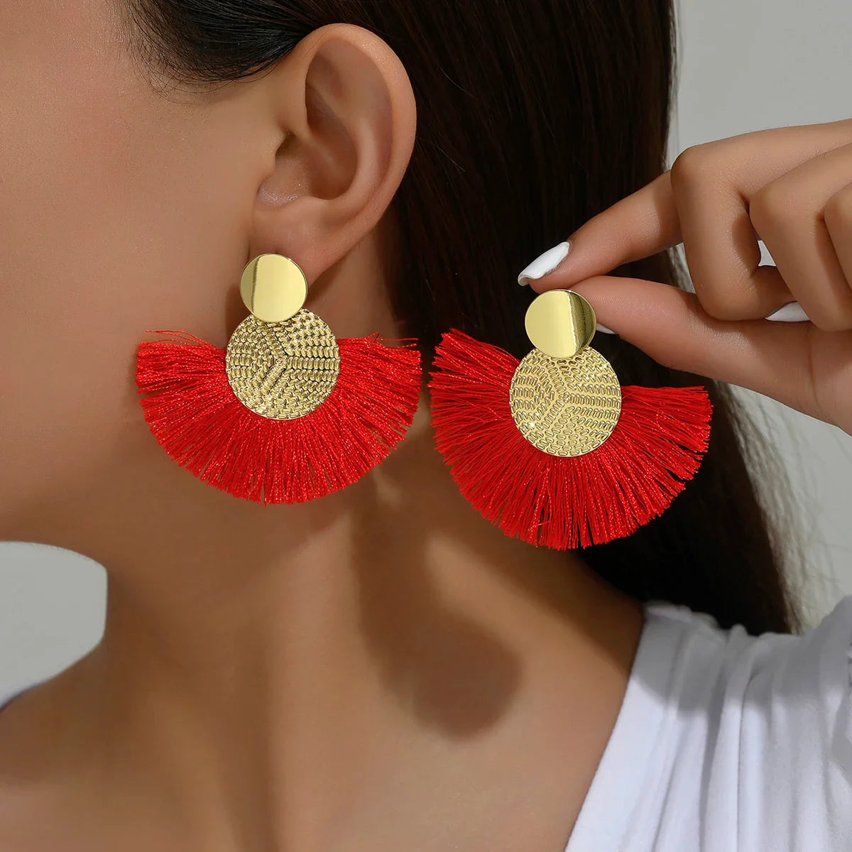Boucles d'Oreilles Pendantes de Style Bohême en Eventail rouge
