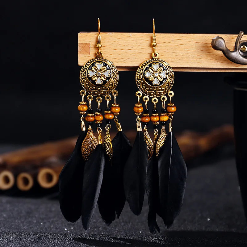Boucles d'Oreilles Pendantes de Style Ethnique Plumes 1