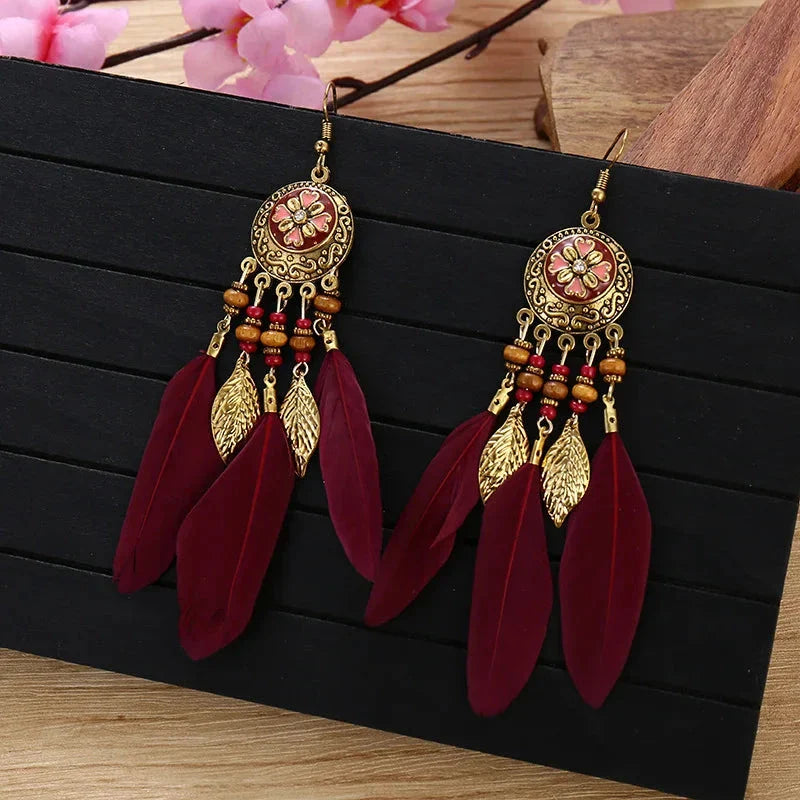 Boucles d'Oreilles Pendantes de Style Ethnique Plumes 4