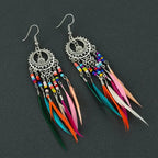 Kolczyki wiszące etniczne kolorowe pióra damskie srebrne