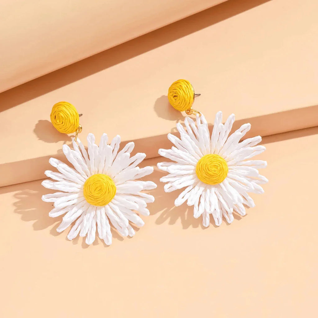Boucles d'Oreilles Pendantes Fleur de Marguerite blanc et jaune